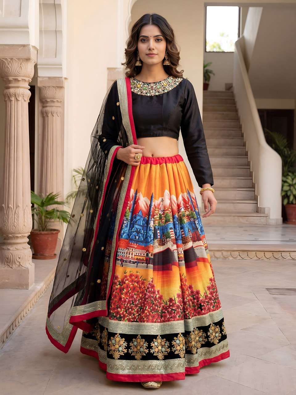  BLACK BLOUSE WITH DIGITAL PRINTED SCENIC LEHENGA CHOLI