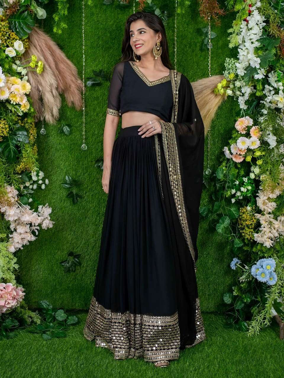 BLACK ELEGANT LEHENGA WITH GOLDEN BORDER AND DESIGNER DUPATTA