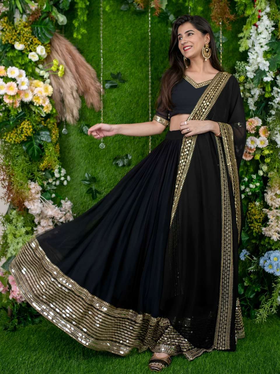 BLACK ELEGANT LEHENGA WITH GOLDEN BORDER AND DESIGNER DUPATTA