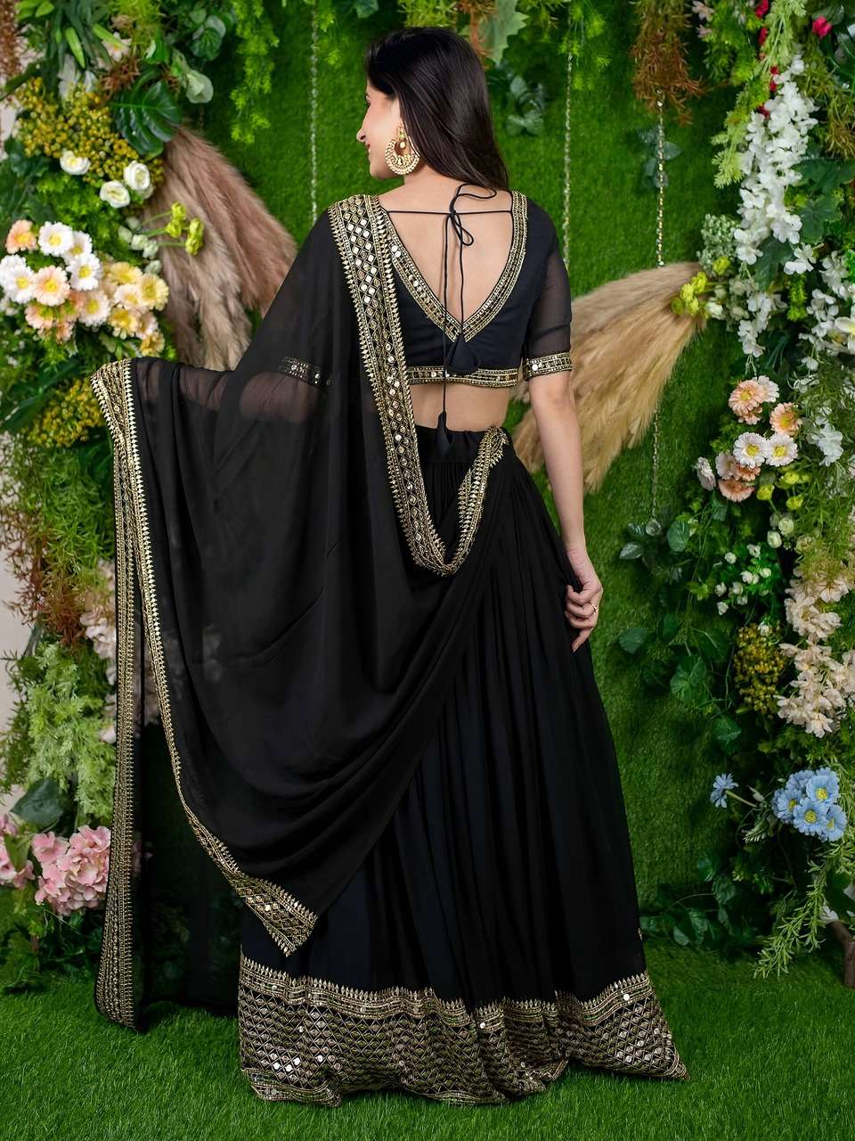 BLACK ELEGANT LEHENGA WITH GOLDEN BORDER AND DESIGNER DUPATTA