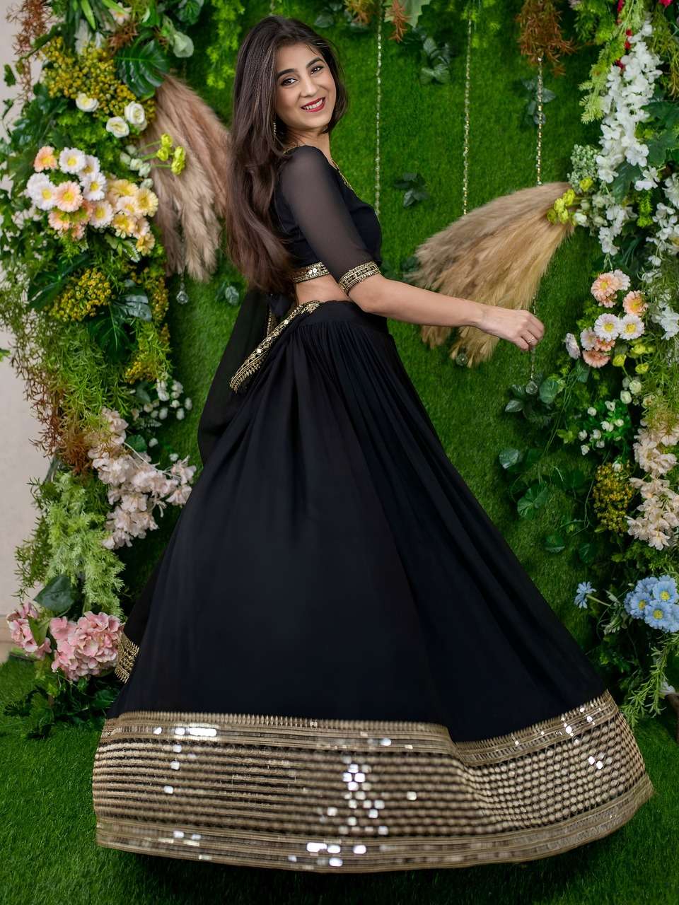 BLACK ELEGANT LEHENGA WITH GOLDEN BORDER AND DESIGNER DUPATTA