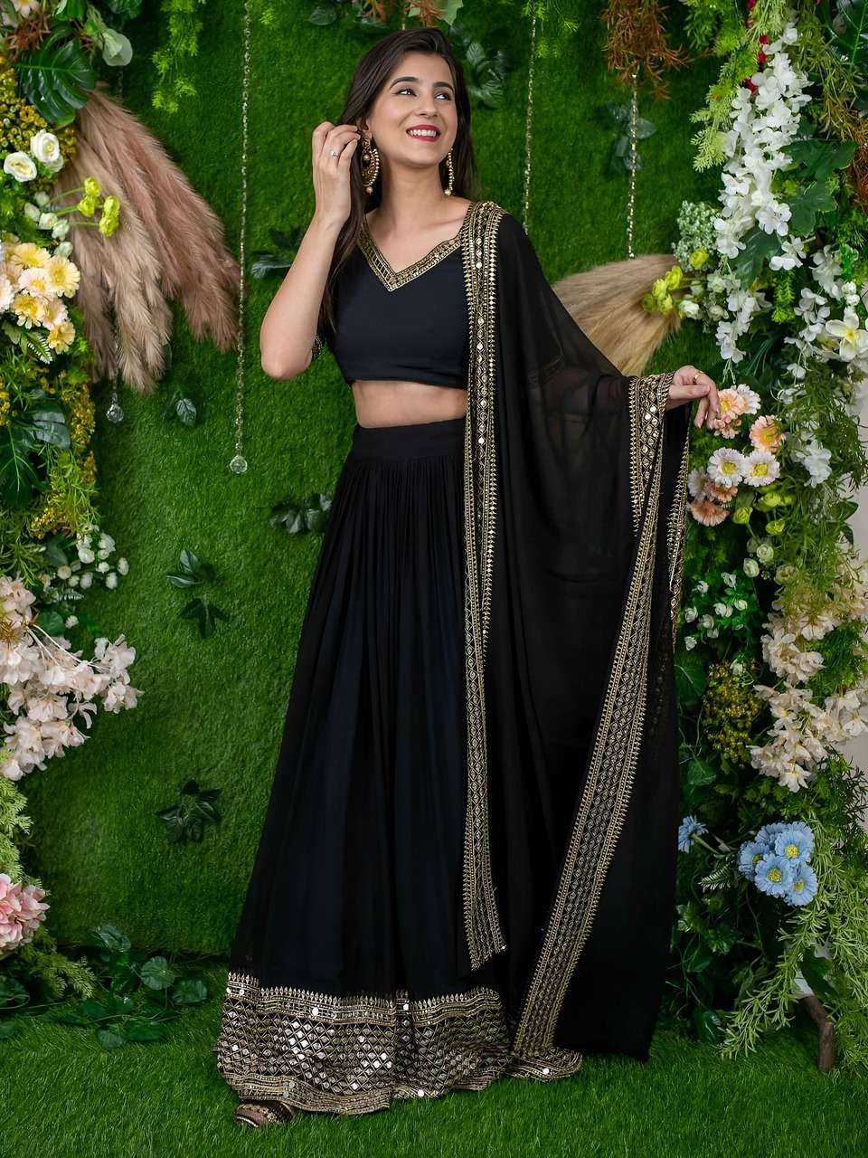 BLACK ELEGANT LEHENGA WITH GOLDEN BORDER AND DESIGNER DUPATTA