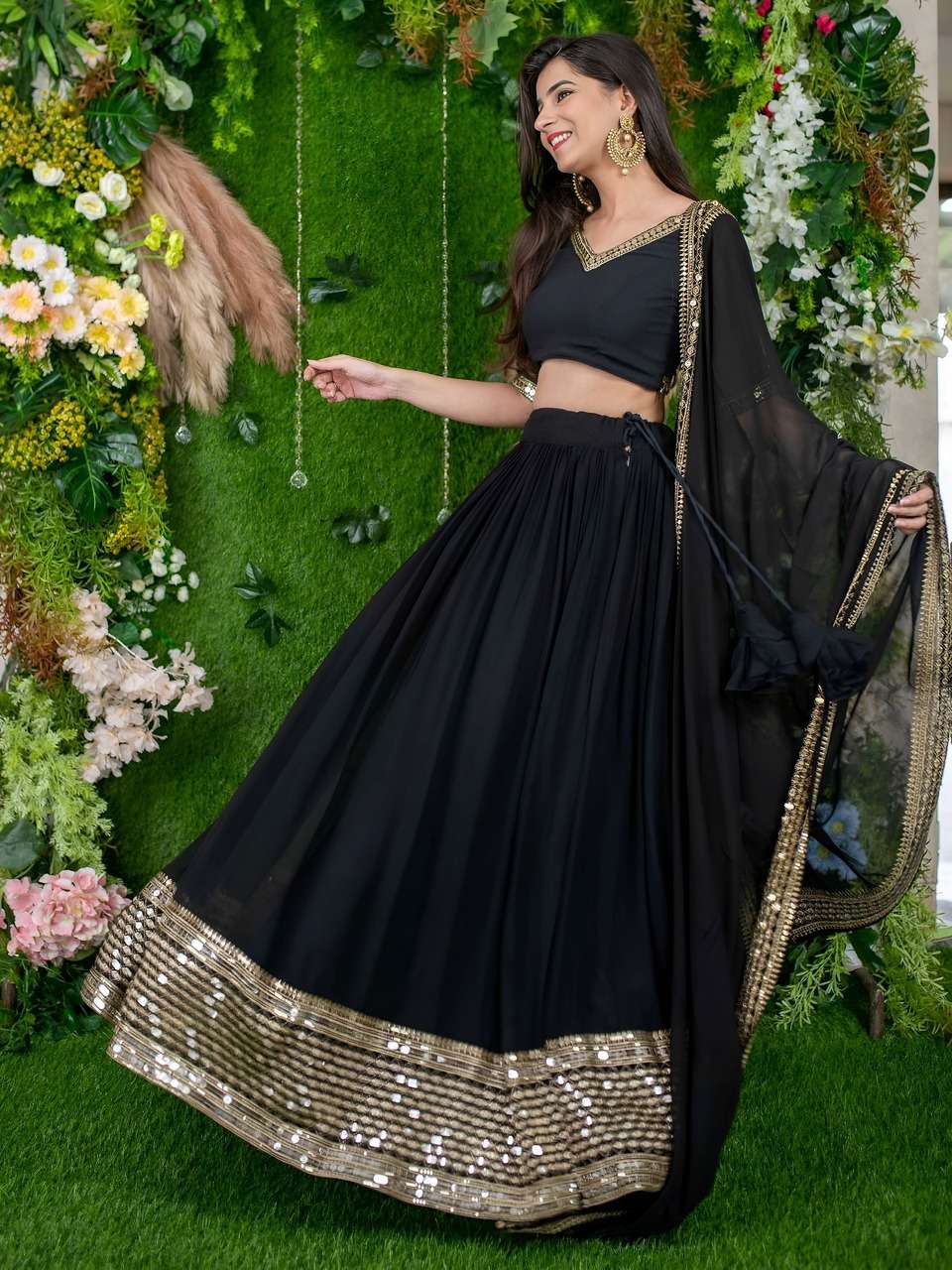 BLACK ELEGANT LEHENGA WITH GOLDEN BORDER AND DESIGNER DUPATTA