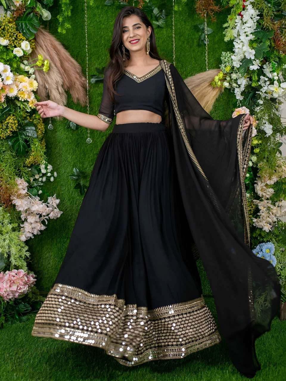 BLACK ELEGANT LEHENGA WITH GOLDEN BORDER AND DESIGNER DUPATTA