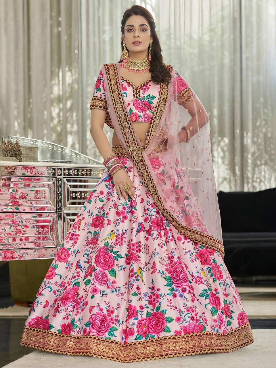 BLUSH PINK FLORAL PRINTED LEHENGA WITH DESIGNER BLOUSE AND NET DUPATTA