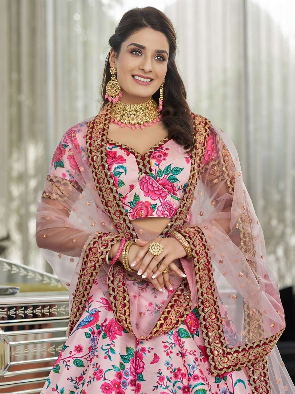 BLUSH PINK FLORAL PRINTED LEHENGA WITH DESIGNER BLOUSE AND NET DUPATTA