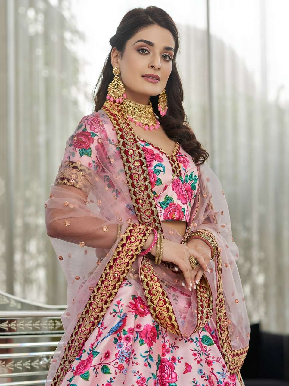 BLUSH PINK FLORAL PRINTED LEHENGA WITH DESIGNER BLOUSE AND NET DUPATTA