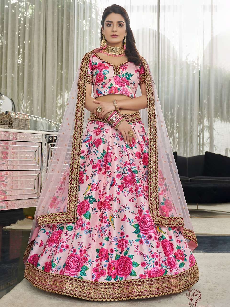 BLUSH PINK FLORAL PRINTED LEHENGA WITH DESIGNER BLOUSE AND NET DUPATTA