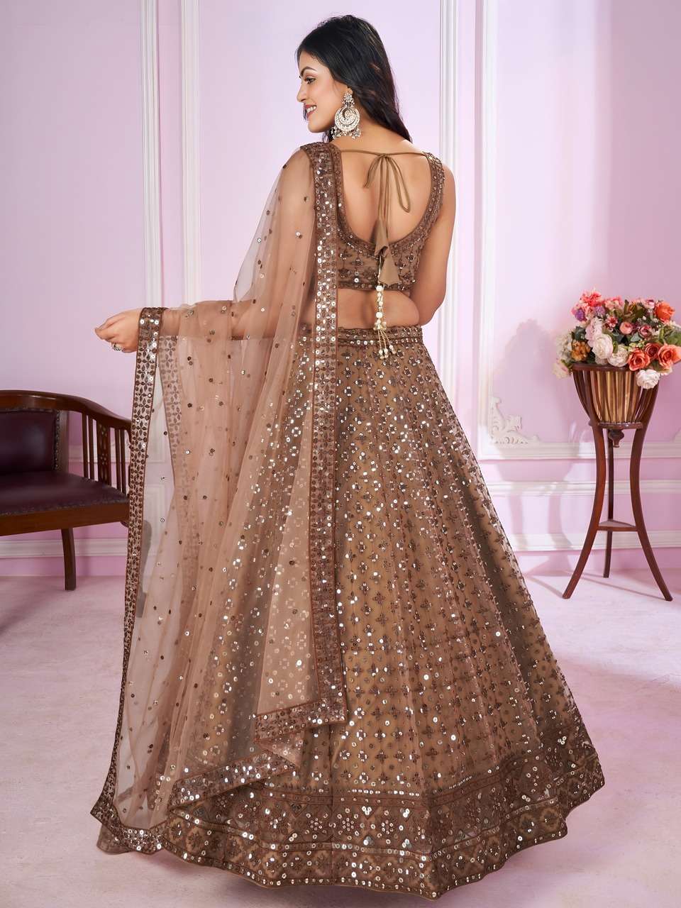 BROWN SEQUENCE EMBROIDERY DESIGNER LEHENGA CHOLI            