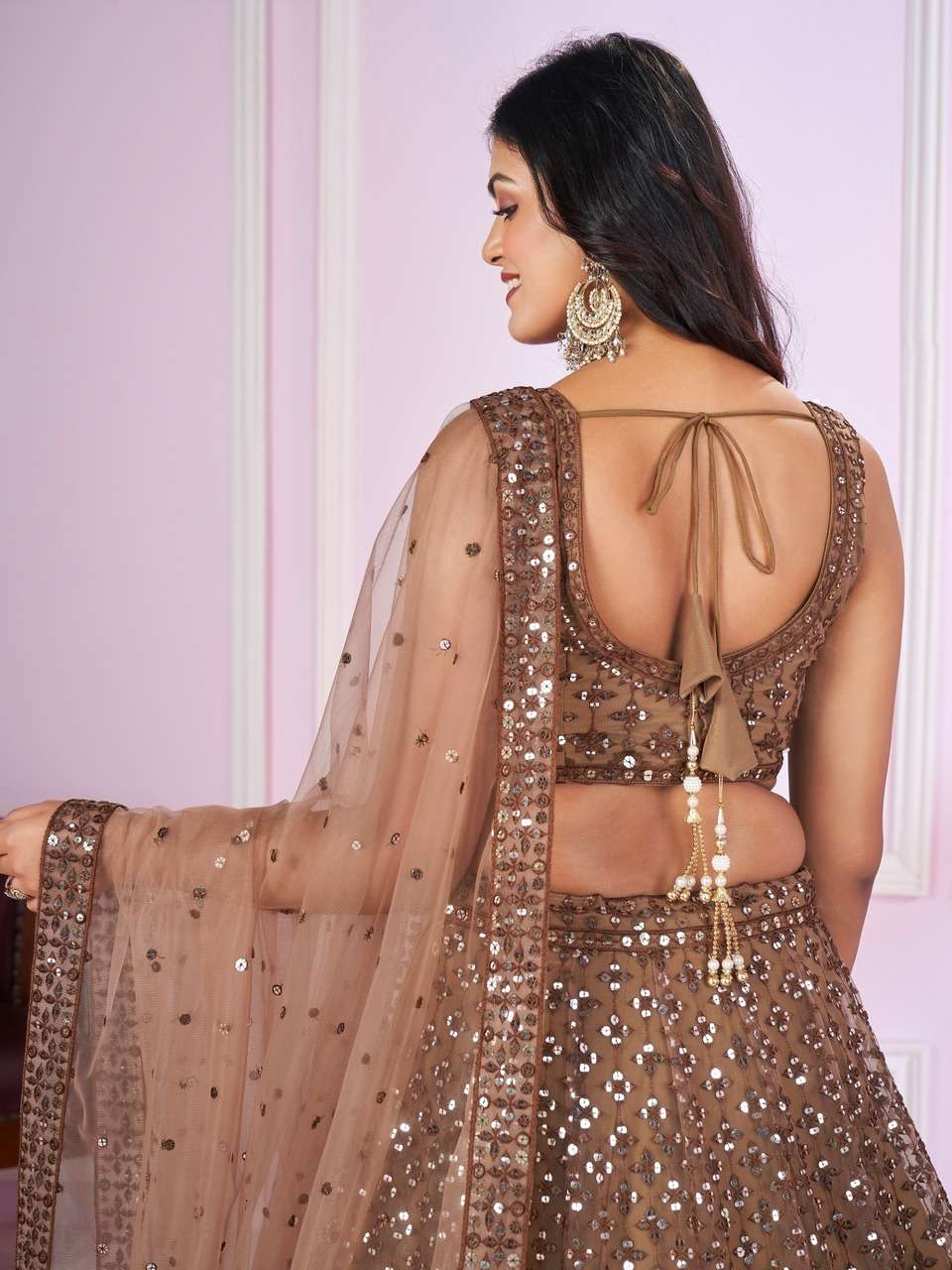 BROWN SEQUENCE EMBROIDERY DESIGNER LEHENGA CHOLI            