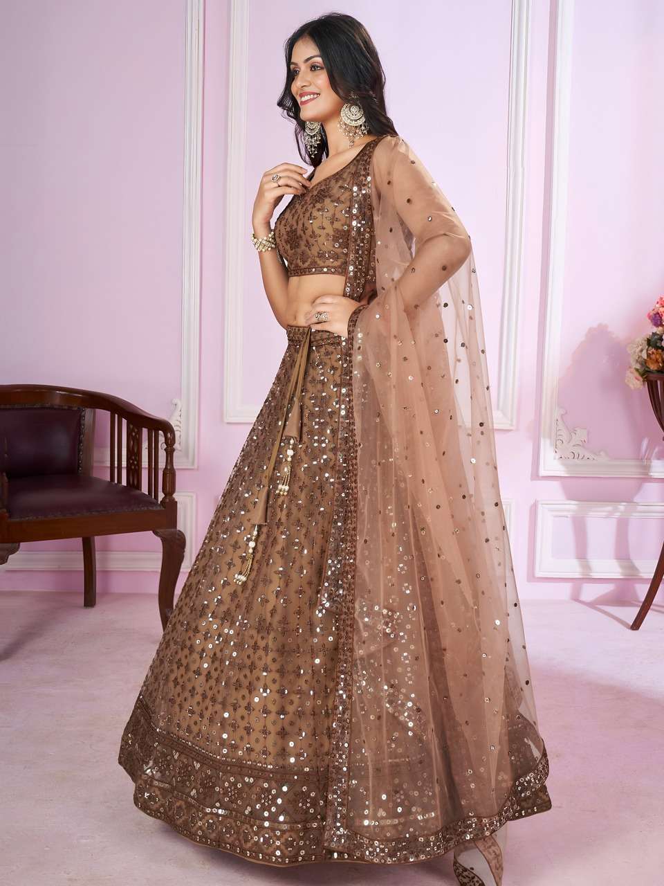 BROWN SEQUENCE EMBROIDERY DESIGNER LEHENGA CHOLI            