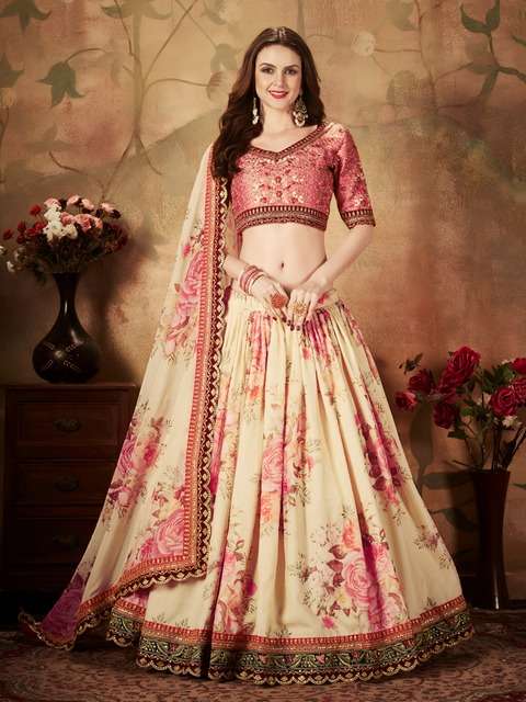 CREAM FLORAL LEHENGA CHOLI WITH PEACH EMBROIDERED BLOUSE