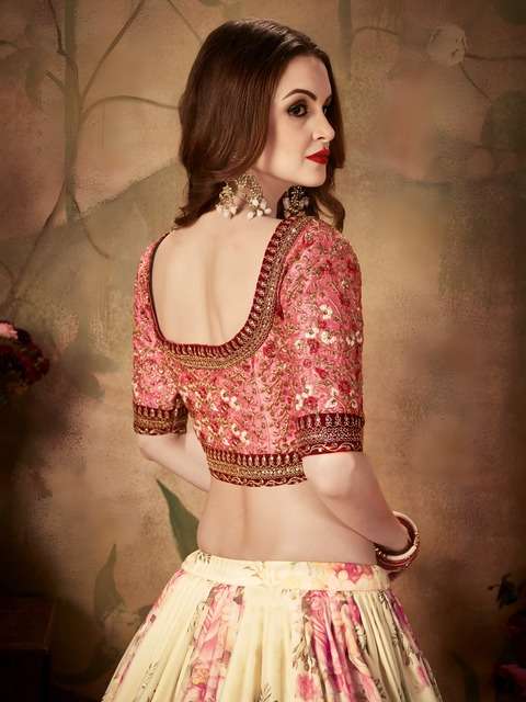 CREAM FLORAL LEHENGA CHOLI WITH PEACH EMBROIDERED BLOUSE