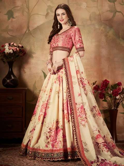 CREAM FLORAL LEHENGA CHOLI WITH PEACH EMBROIDERED BLOUSE