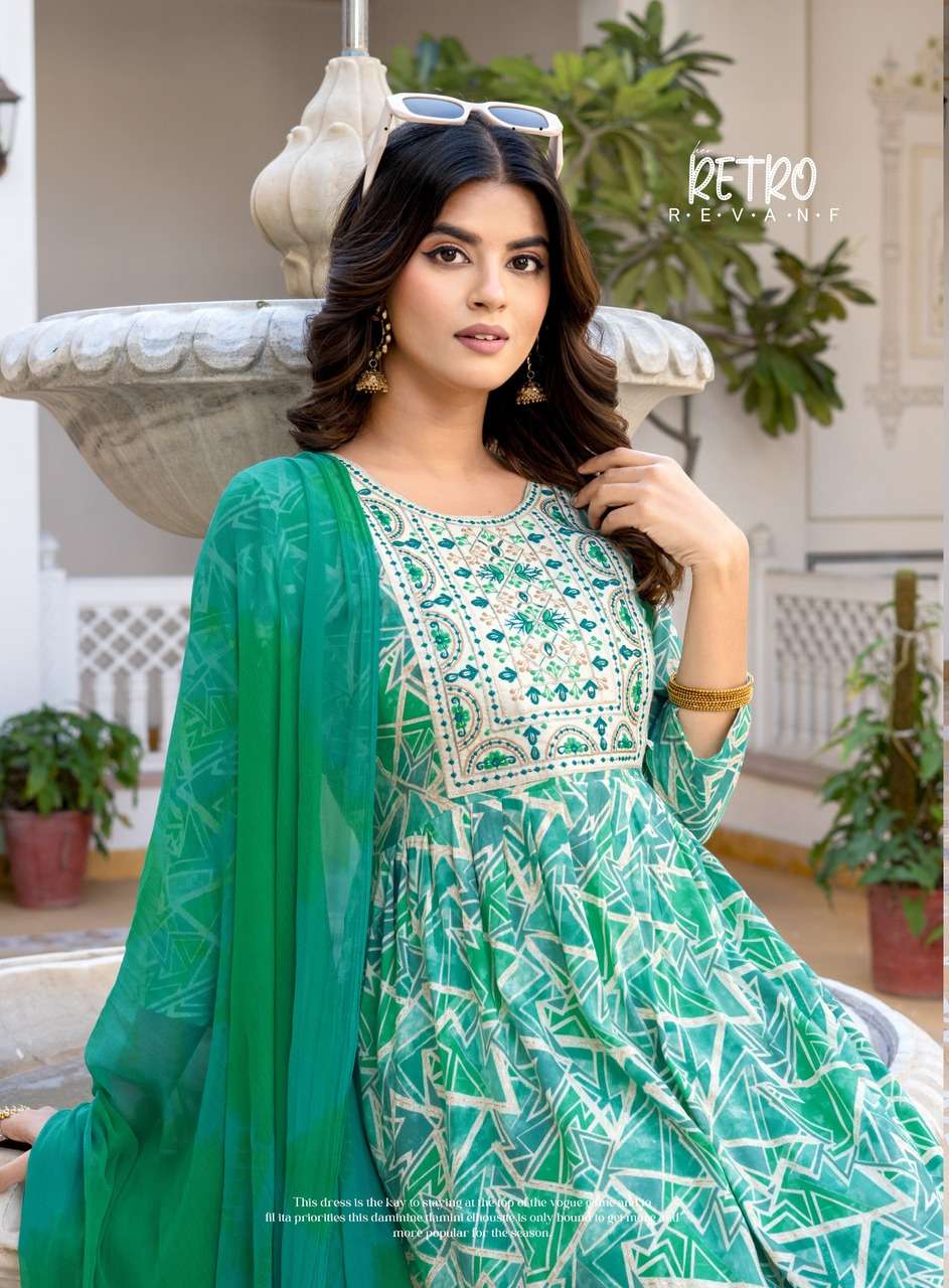 ERRAHA LAUNCHING PREMIUM QUALITY RAYON FABRIC ANARKALI STYLE DRESS TRISHA VOL - 5 CATALOG 