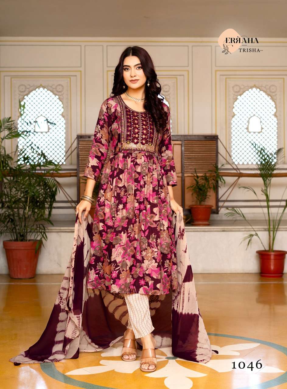 ERRAHA LAUNCHING PREMIUM QUALITY RAYON FABRIC ANARKALI STYLE DRESS TRISHA VOL - 5 CATALOG 