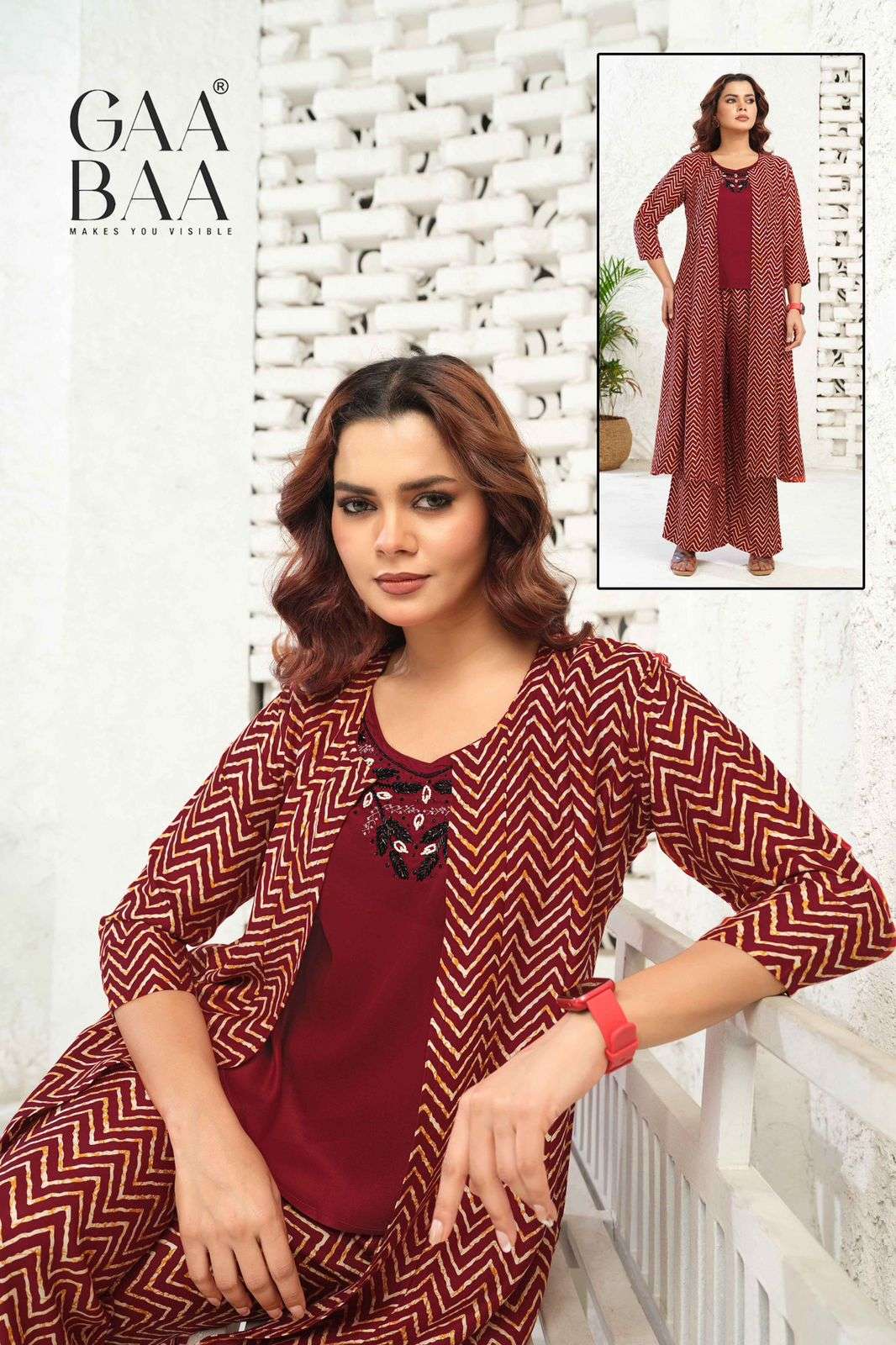 GAABAA LAUNCHING SUPER COOL LIVA GAJI PRINT JACKET AND BOTTOM CO-ORD SET                       
