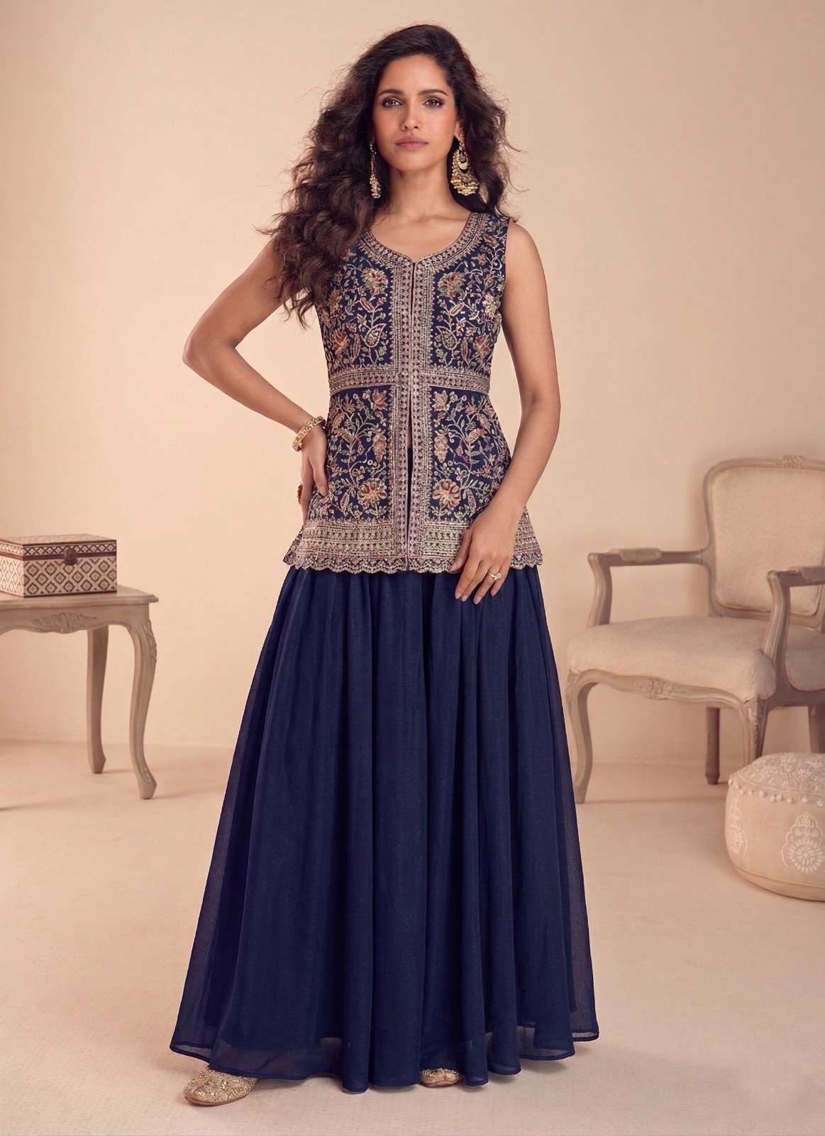 HEAVY STAR GEORGETTE FRONT AND BACK SIDE BEAUTIFUL SEQUENCE LAKHNAVI EMBROIDERY WORK  