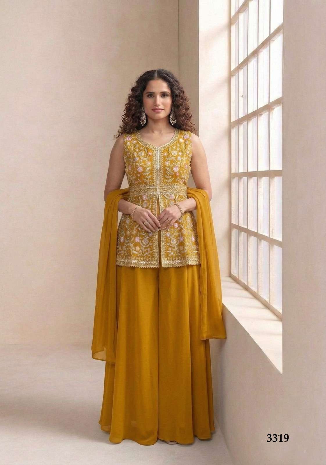 HEAVY STAR GEORGETTE FRONT AND BACK SIDE BEAUTIFUL SEQUENCE LAKHNAVI EMBROIDERY WORK  