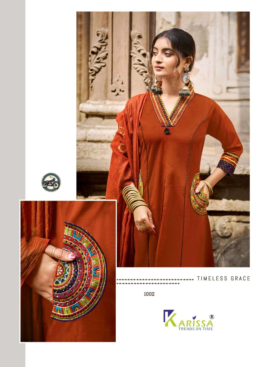 KARISSA LAUNCHING A-LINE TOP PANT DUPATTA WITH POCKET STYLE KASHMIRA CATALOG