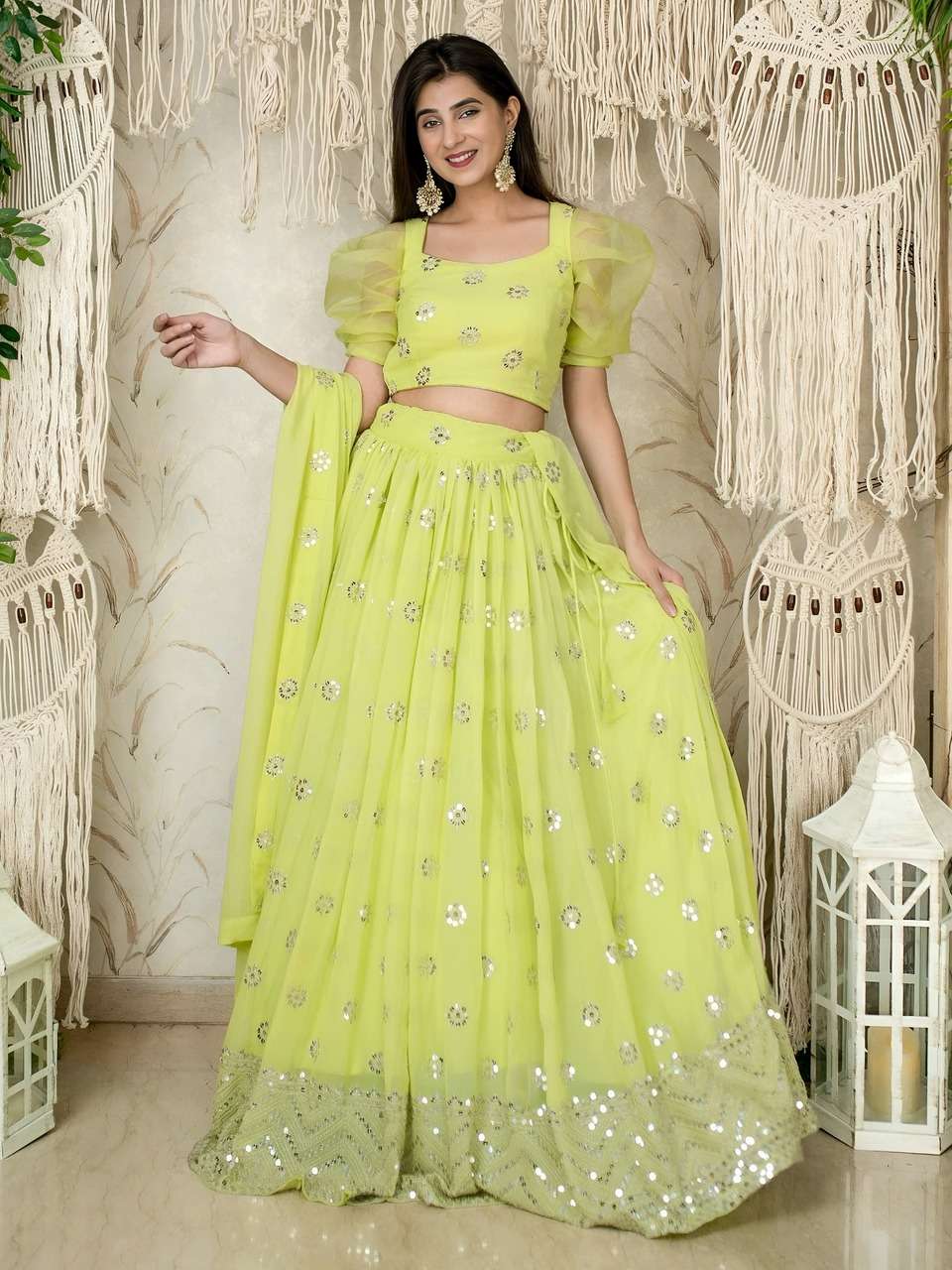  LIME GREEN SEQUENCE EMBROIDERY LEHENGA WITH PUFF SLEEVE BLOUSE AND DUPATTA