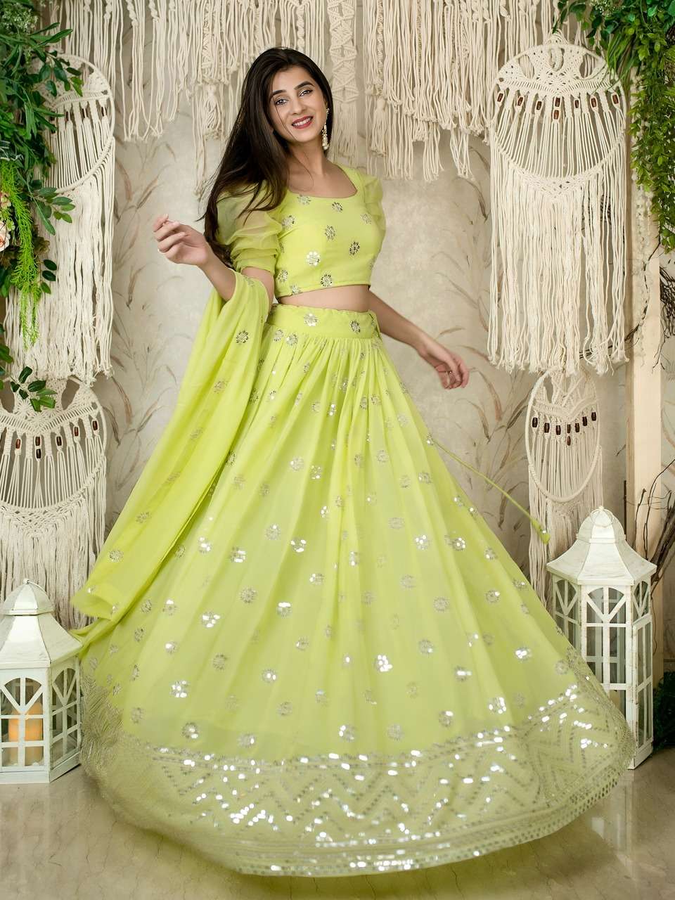  LIME GREEN SEQUENCE EMBROIDERY LEHENGA WITH PUFF SLEEVE BLOUSE AND DUPATTA