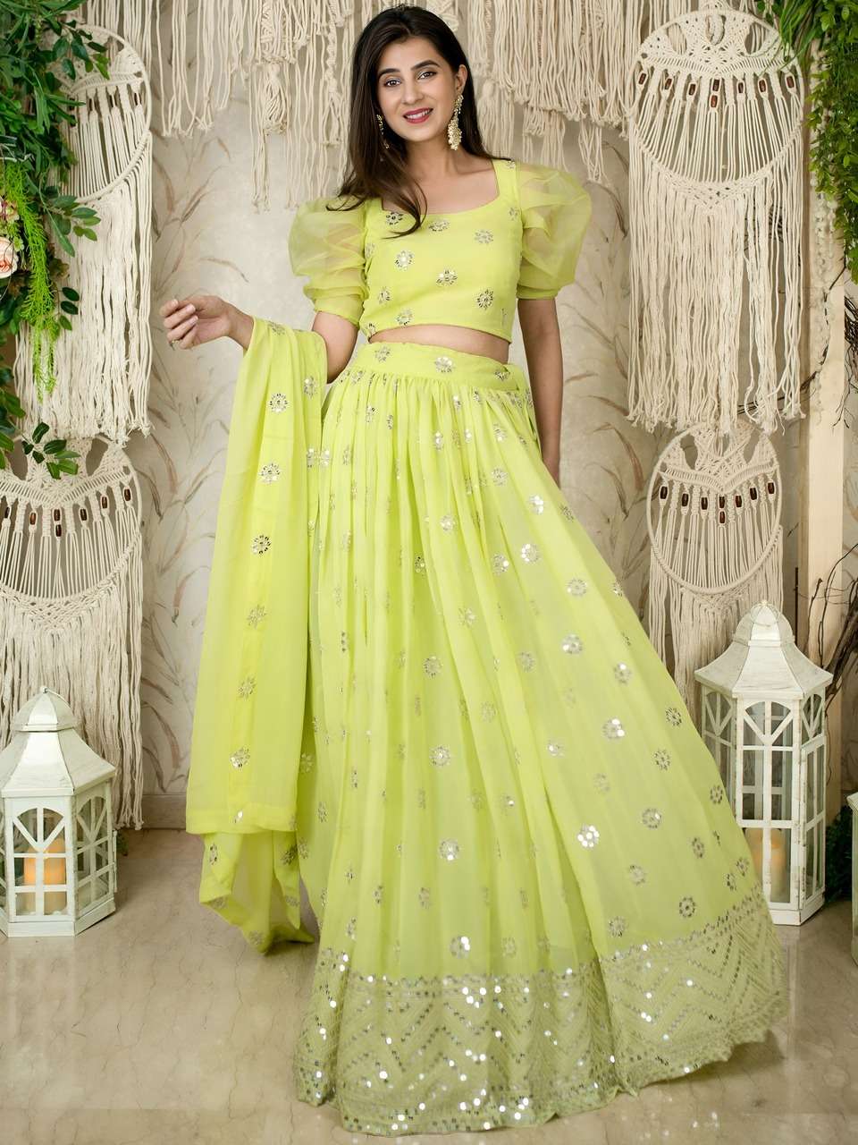  LIME GREEN SEQUENCE EMBROIDERY LEHENGA WITH PUFF SLEEVE BLOUSE AND DUPATTA