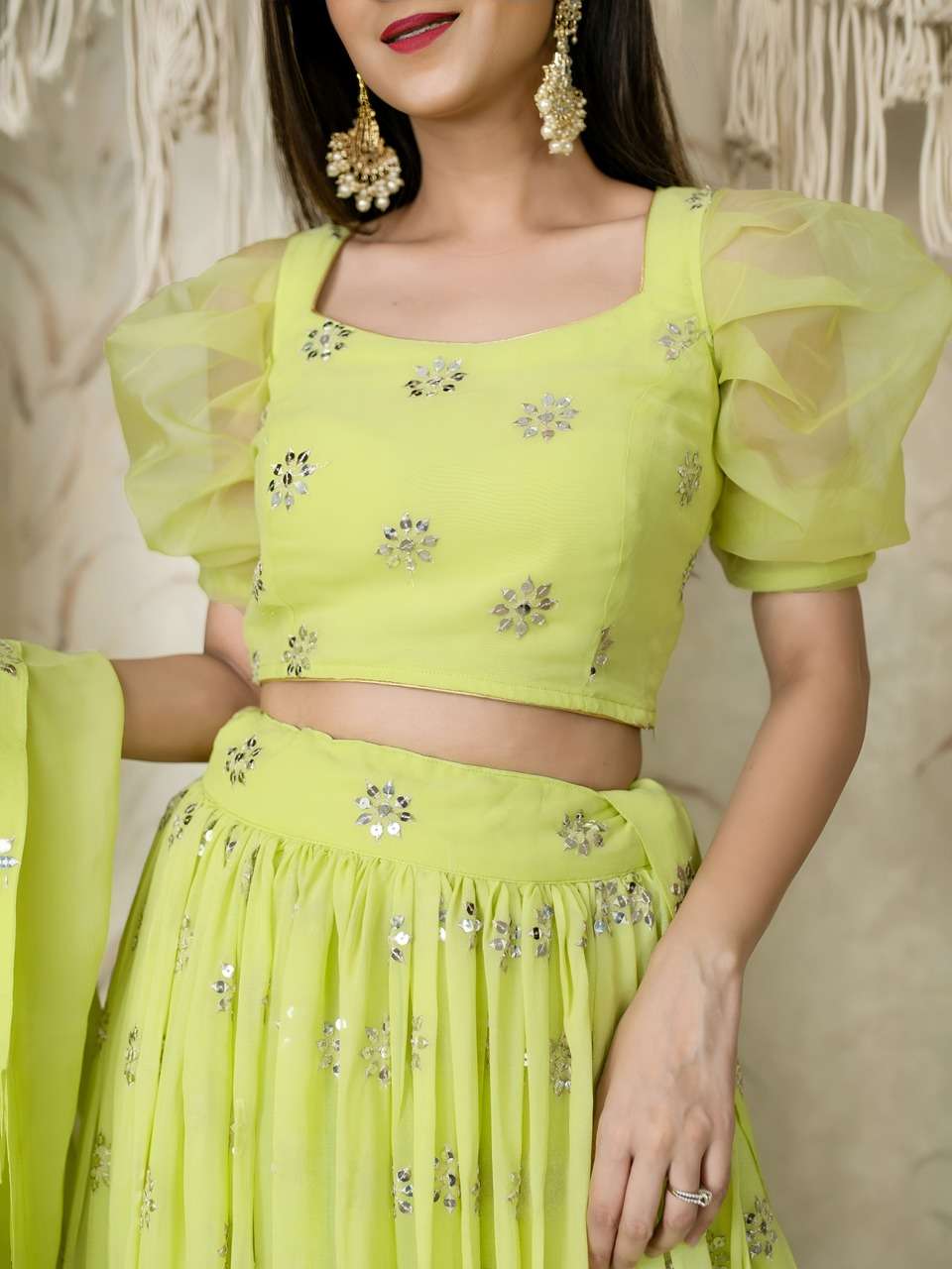  LIME GREEN SEQUENCE EMBROIDERY LEHENGA WITH PUFF SLEEVE BLOUSE AND DUPATTA