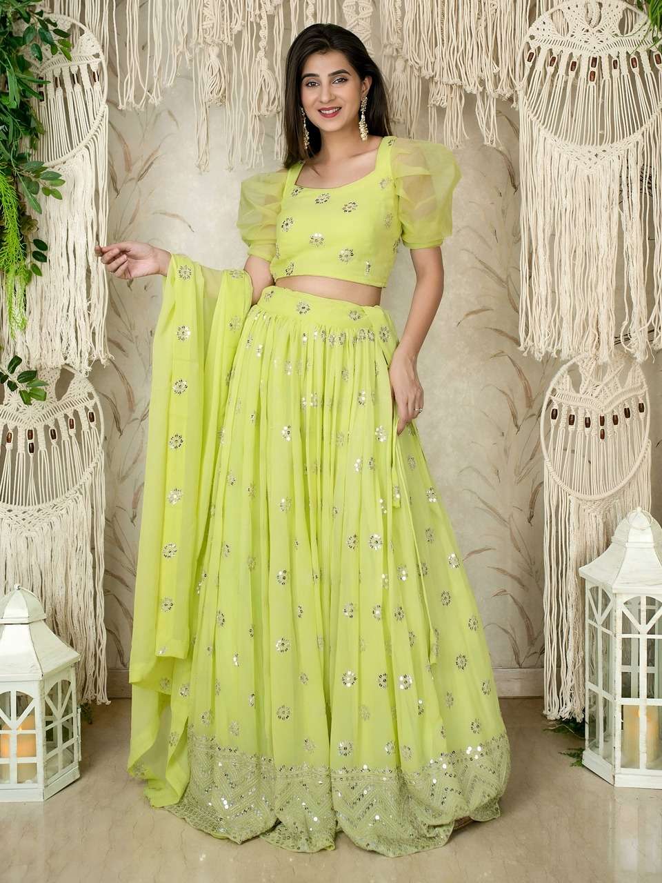  LIME GREEN SEQUENCE EMBROIDERY LEHENGA WITH PUFF SLEEVE BLOUSE AND DUPATTA