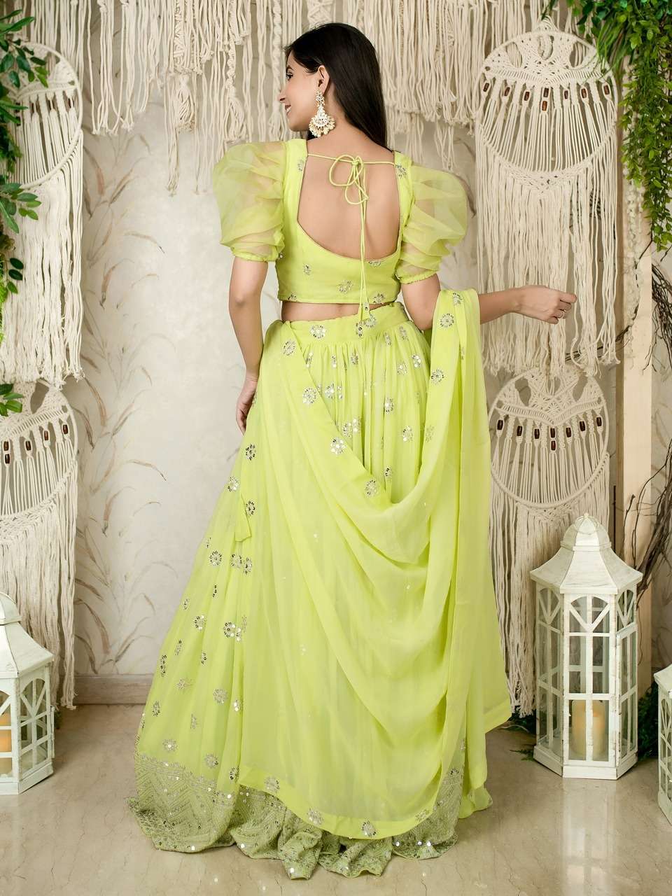  LIME GREEN SEQUENCE EMBROIDERY LEHENGA WITH PUFF SLEEVE BLOUSE AND DUPATTA