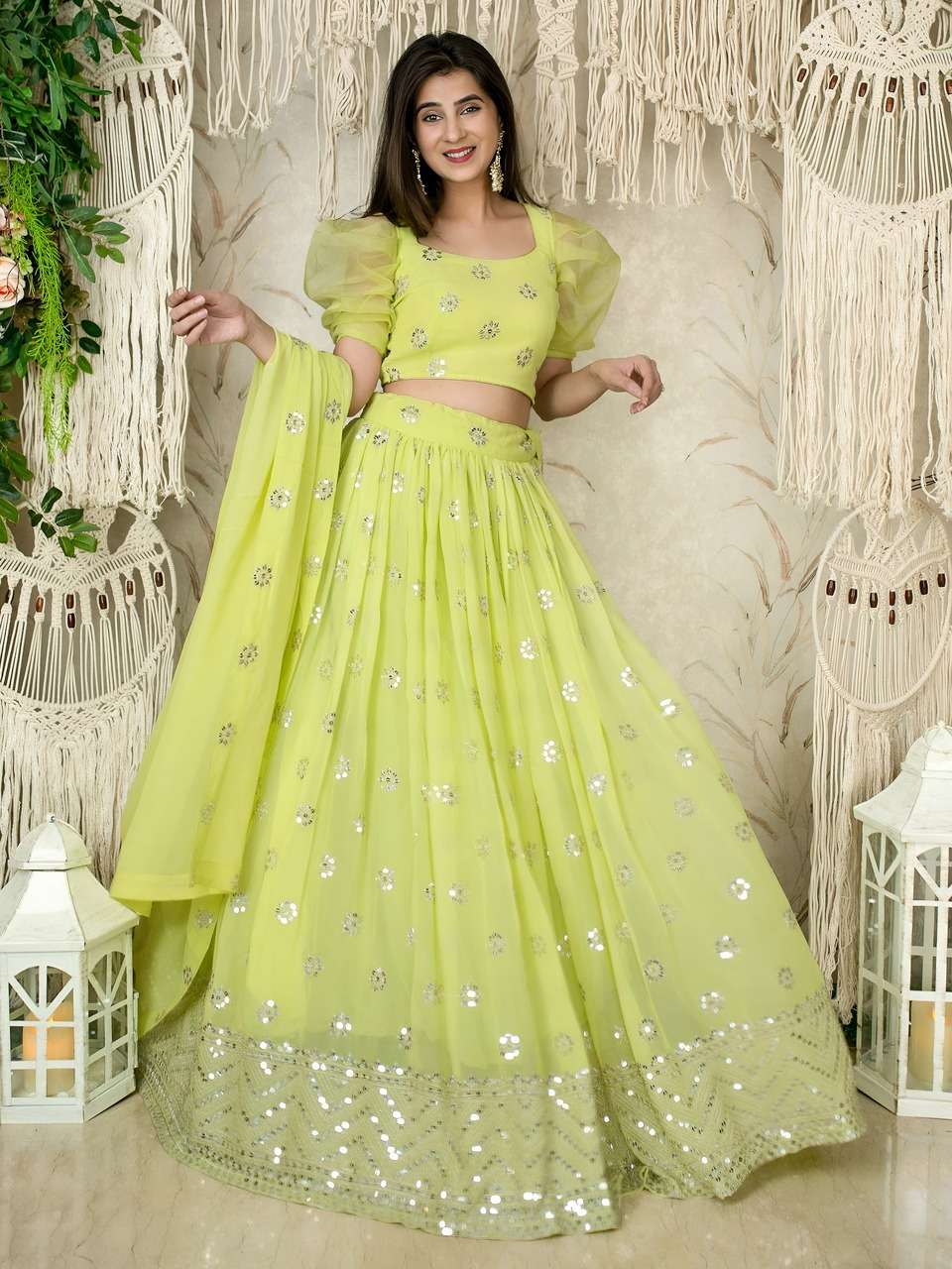  LIME GREEN SEQUENCE EMBROIDERY LEHENGA WITH PUFF SLEEVE BLOUSE AND DUPATTA