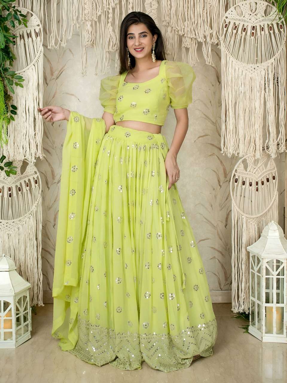  LIME GREEN SEQUENCE EMBROIDERY LEHENGA WITH PUFF SLEEVE BLOUSE AND DUPATTA