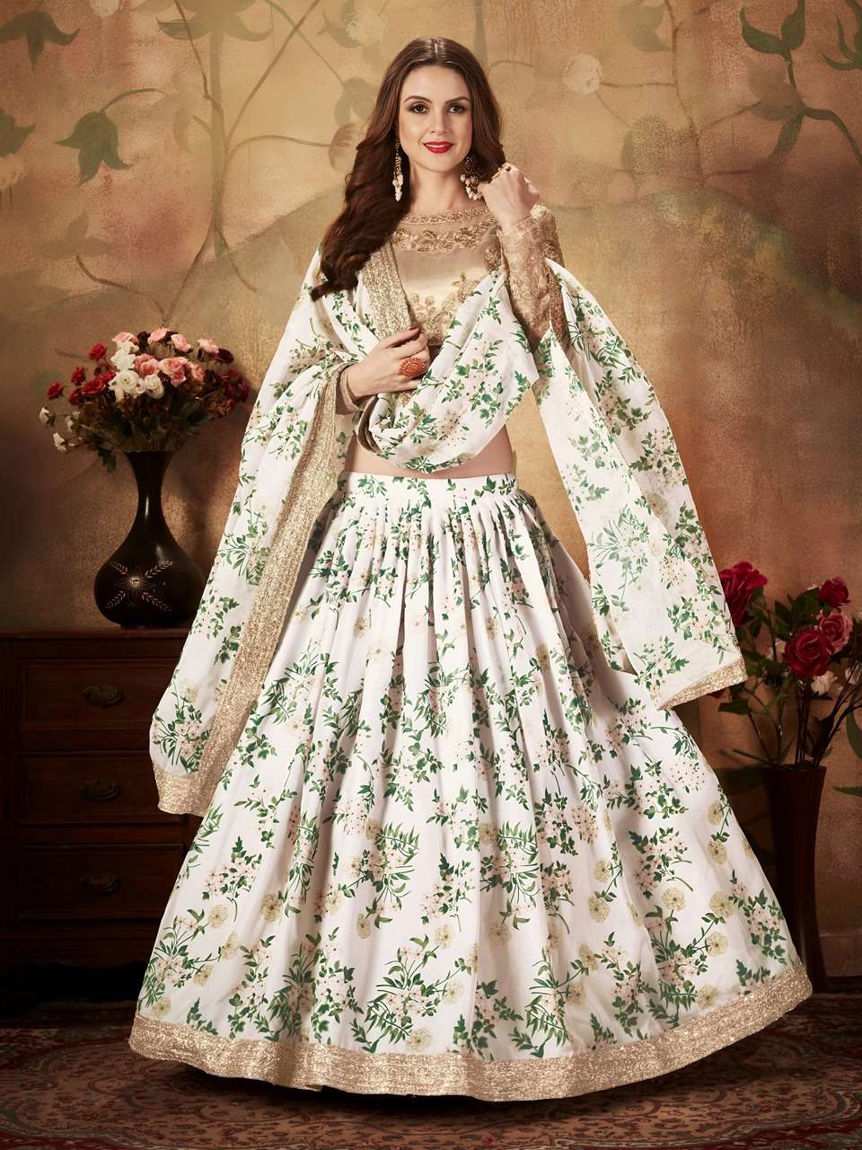 LVORY FLORAL LEHENGA CHOLI WITH GOLDEN EMBROIDERY BLOUSE