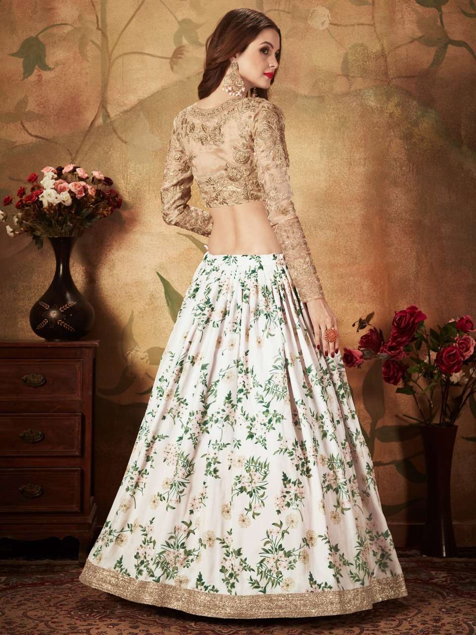 LVORY FLORAL LEHENGA CHOLI WITH GOLDEN EMBROIDERY BLOUSE