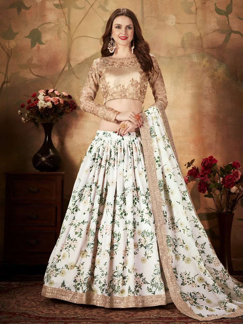 LVORY FLORAL LEHENGA CHOLI WITH GOLDEN EMBROIDERY BLOUSE