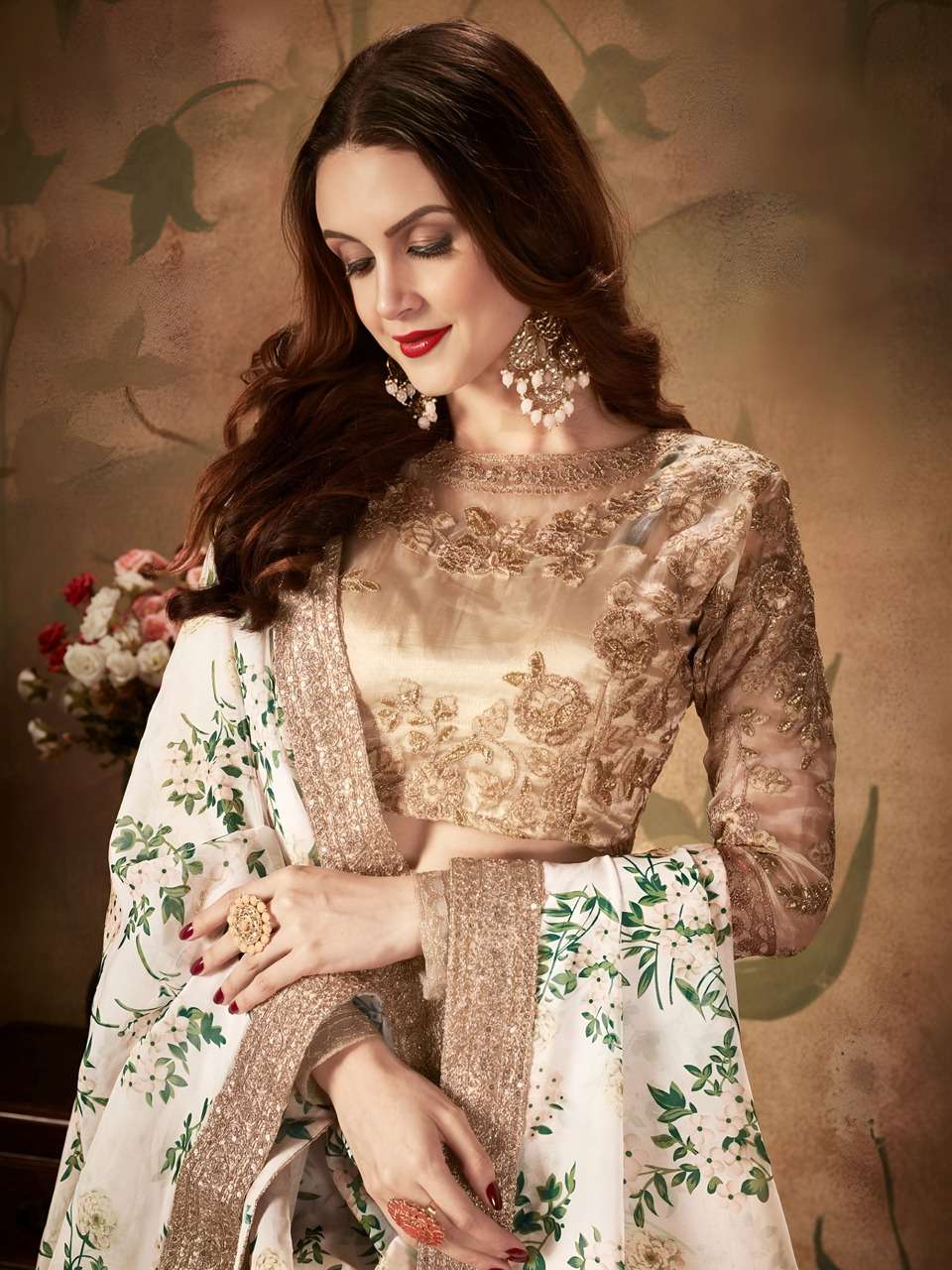 LVORY FLORAL LEHENGA CHOLI WITH GOLDEN EMBROIDERY BLOUSE