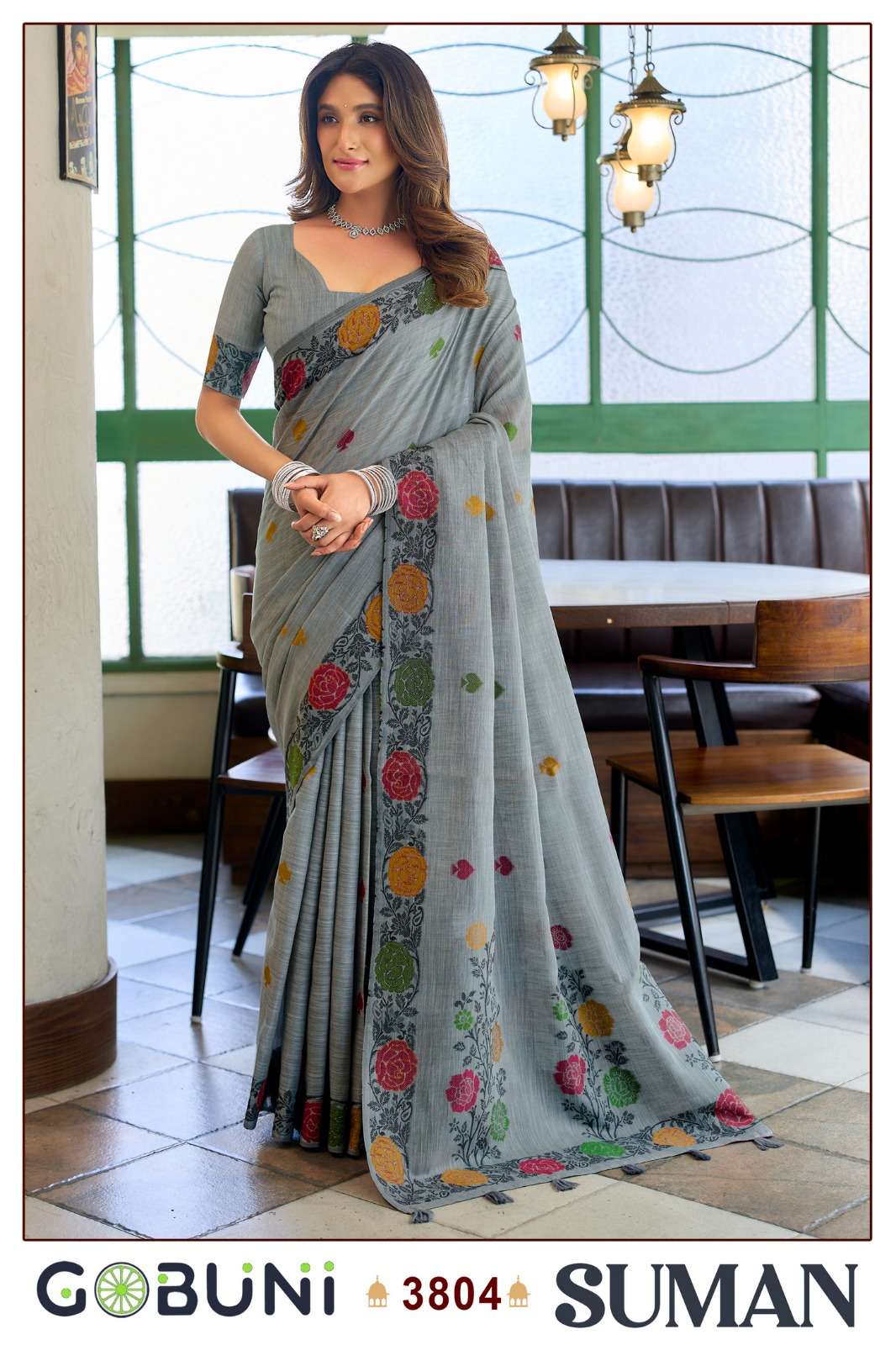 MOST BEAUTIFUL LINEN JACQUARD HANDLOOM SAREE WITH FANCY TASSELS SUMAN CATALOG 