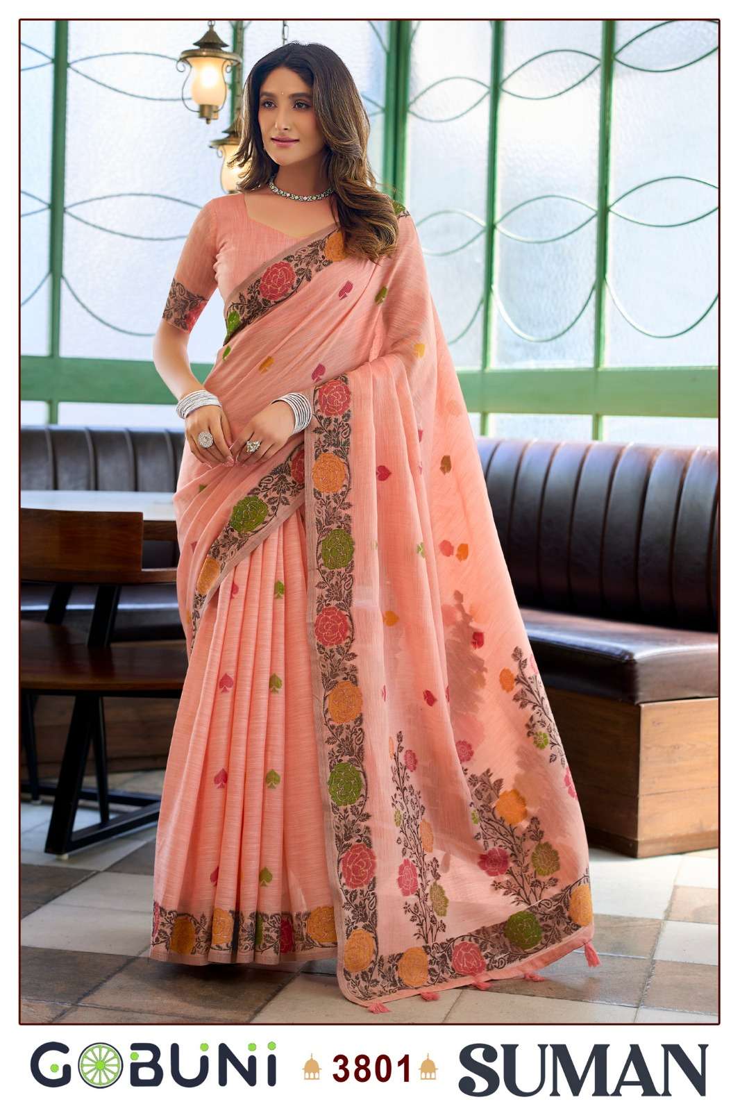 MOST BEAUTIFUL LINEN JACQUARD HANDLOOM SAREE WITH FANCY TASSELS SUMAN CATALOG 