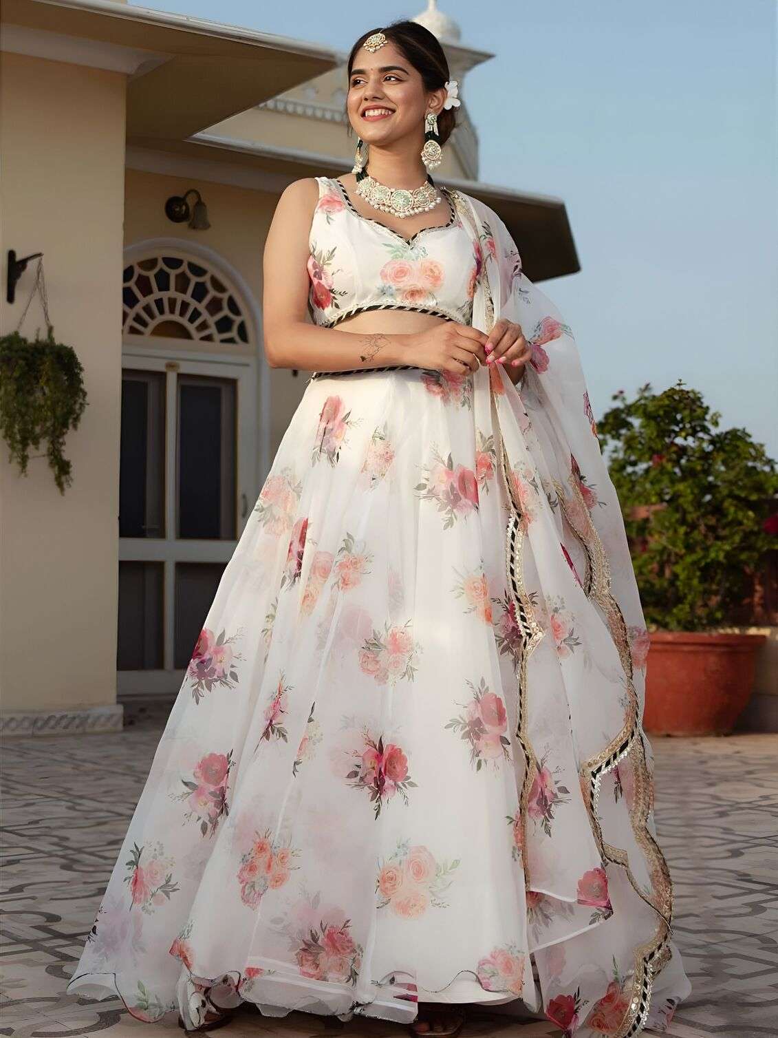 MOST BEAUTIFUL WHITE FLORAL PRINTED ELEGANT LEHENGA CHOLI SET