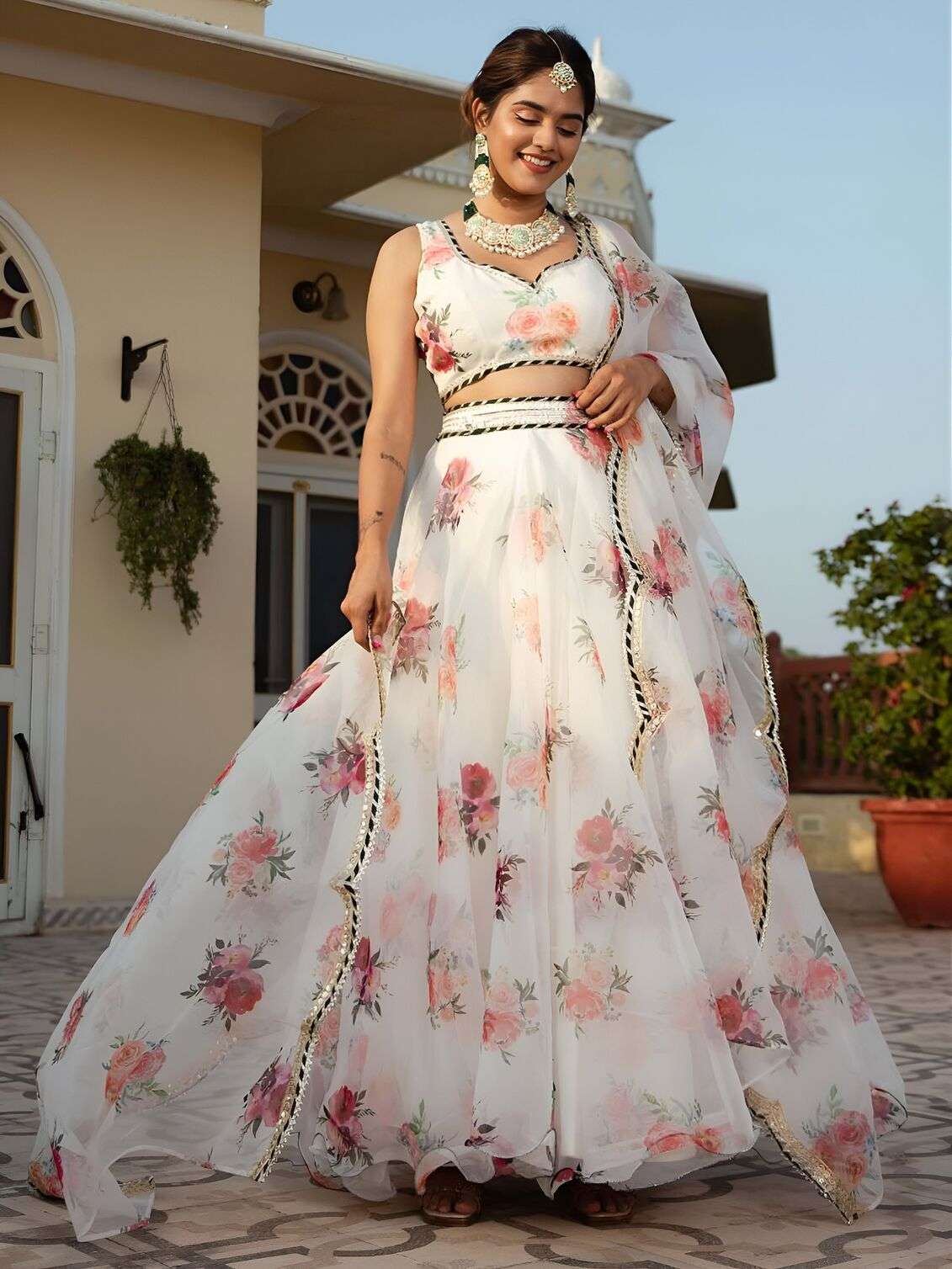 MOST BEAUTIFUL WHITE FLORAL PRINTED ELEGANT LEHENGA CHOLI SET