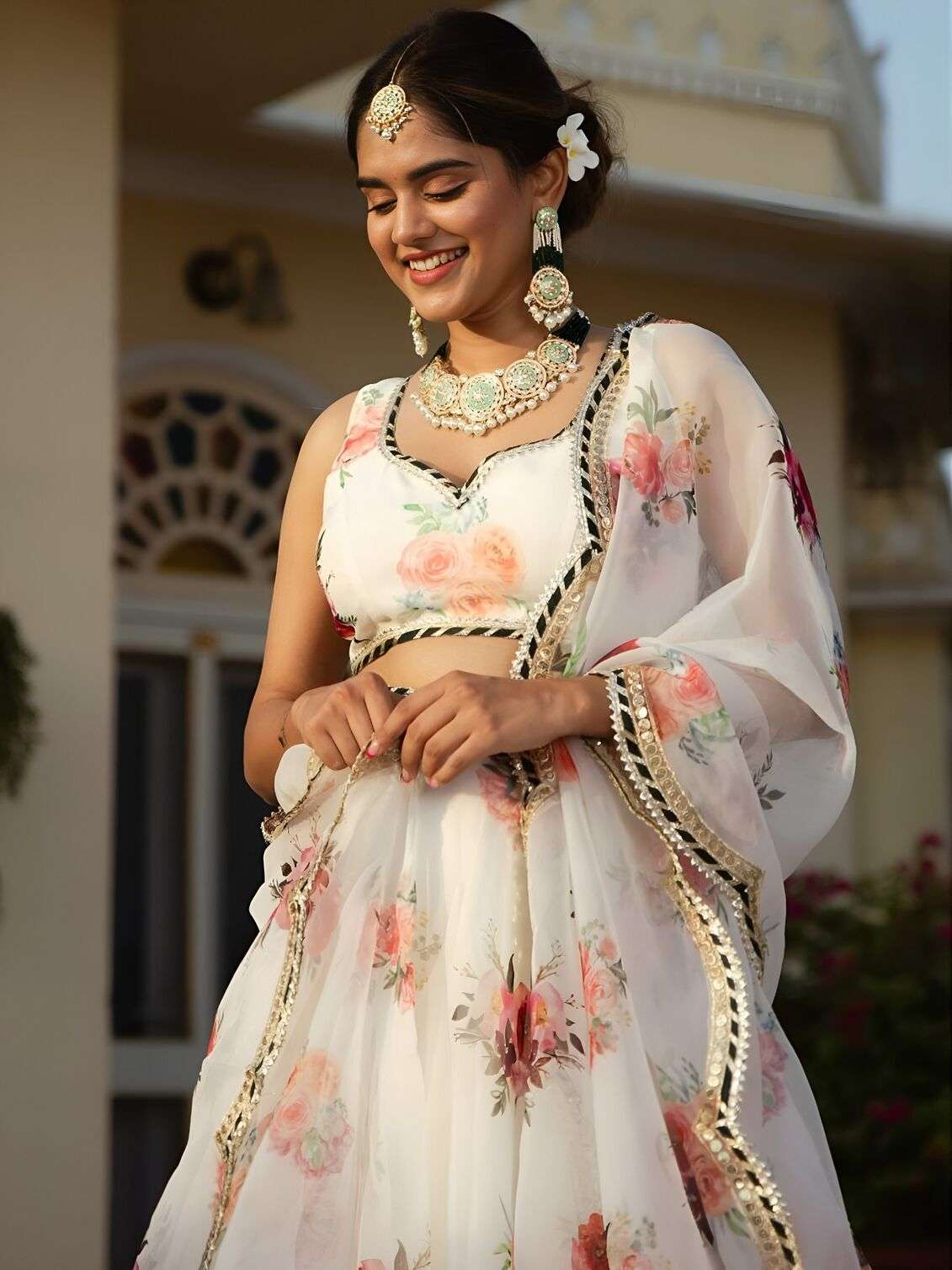 MOST BEAUTIFUL WHITE FLORAL PRINTED ELEGANT LEHENGA CHOLI SET