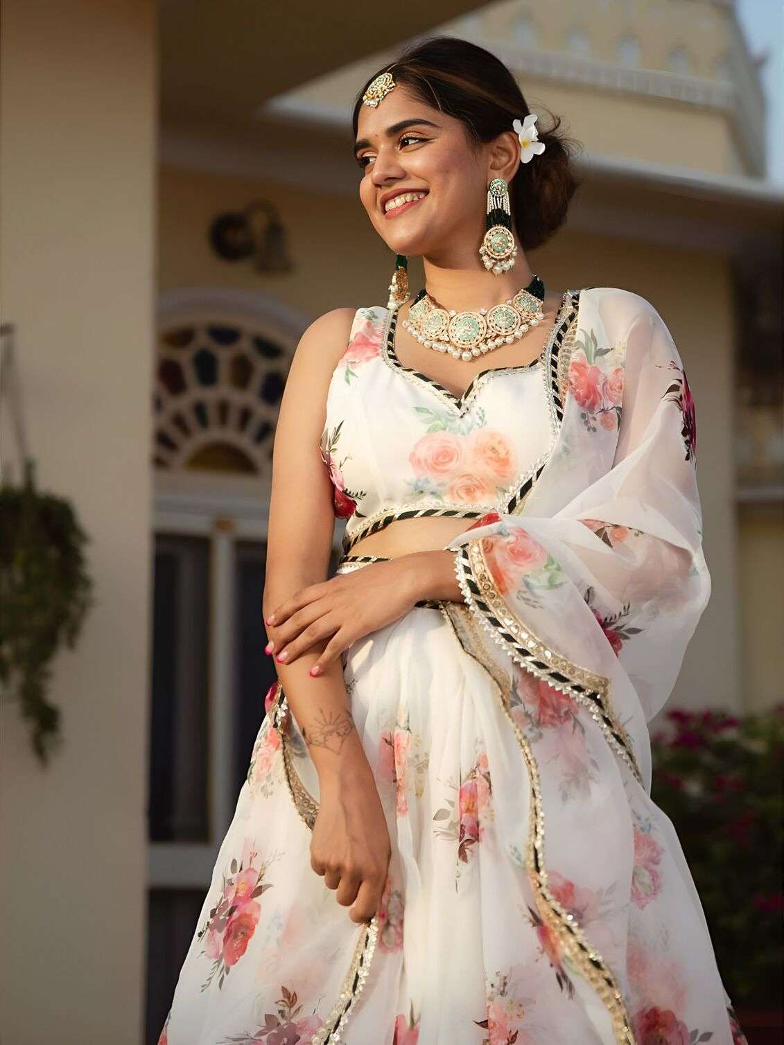 MOST BEAUTIFUL WHITE FLORAL PRINTED ELEGANT LEHENGA CHOLI SET