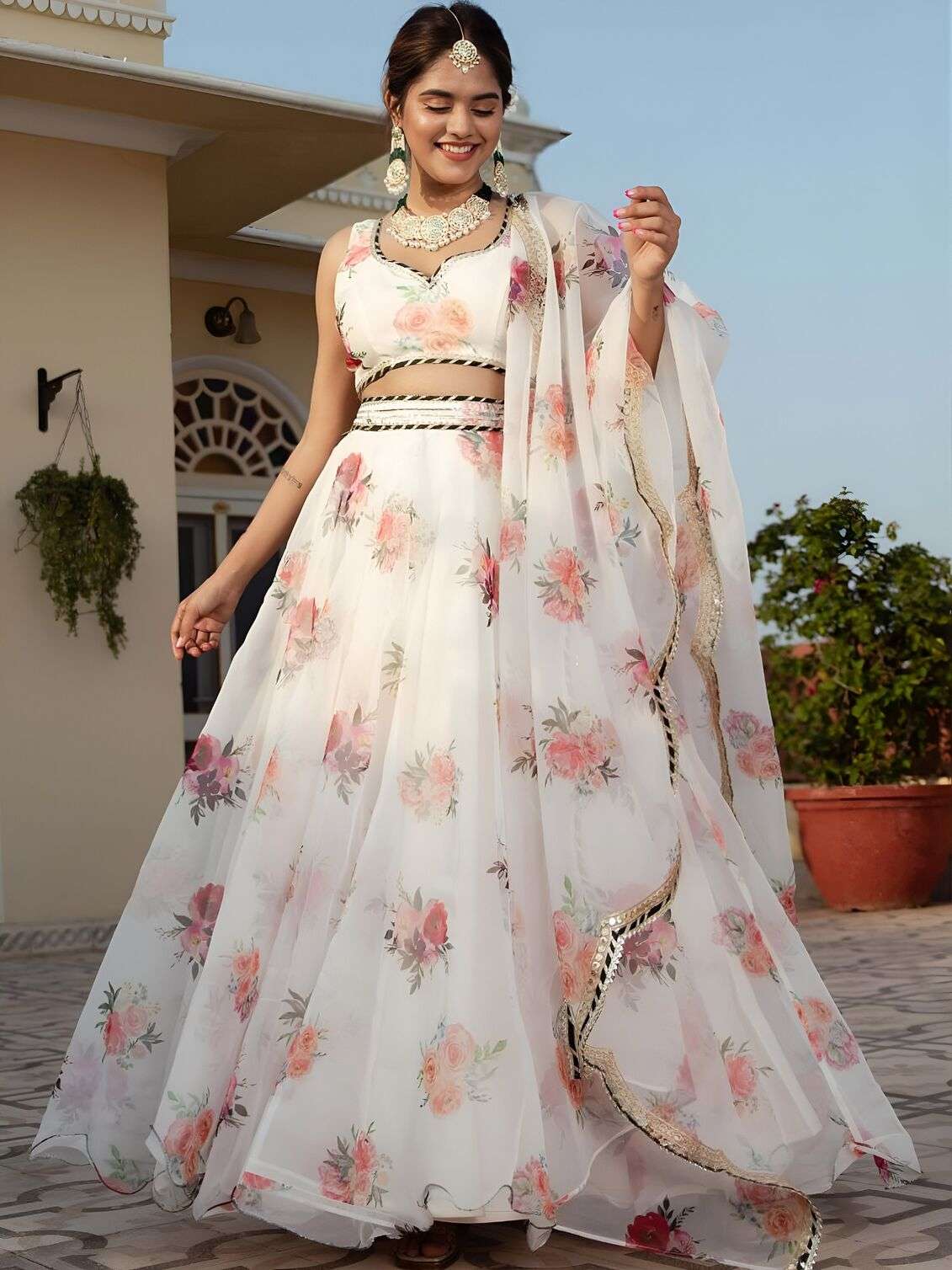 MOST BEAUTIFUL WHITE FLORAL PRINTED ELEGANT LEHENGA CHOLI SET