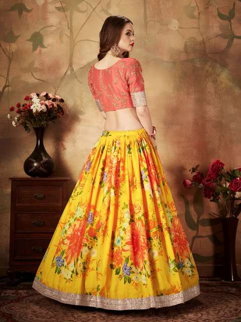 MOST TREADING YELLOW FLORAL LEHENGA CHOLI WITH ORANGE EMBROIDERY BLOUSE 