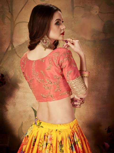 MOST TREADING YELLOW FLORAL LEHENGA CHOLI WITH ORANGE EMBROIDERY BLOUSE 