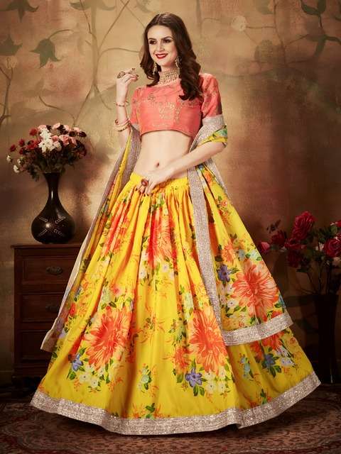 MOST TREADING YELLOW FLORAL LEHENGA CHOLI WITH ORANGE EMBROIDERY BLOUSE 