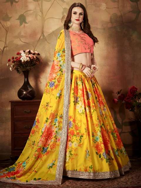 MOST TREADING YELLOW FLORAL LEHENGA CHOLI WITH ORANGE EMBROIDERY BLOUSE 