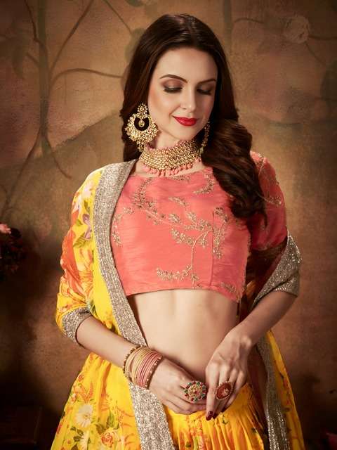 MOST TREADING YELLOW FLORAL LEHENGA CHOLI WITH ORANGE EMBROIDERY BLOUSE 