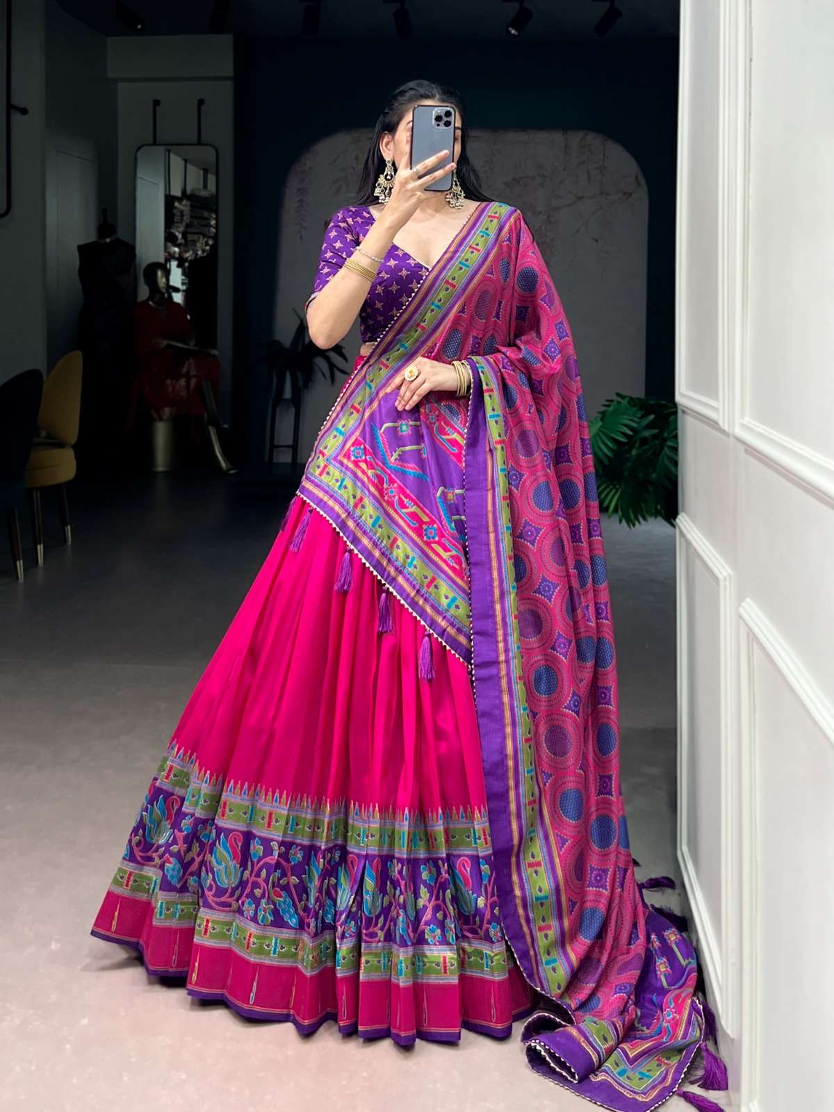 MOST TREANDING LEHENGA TASAR SILK PRINTED WITH ICONIC SPARKLE