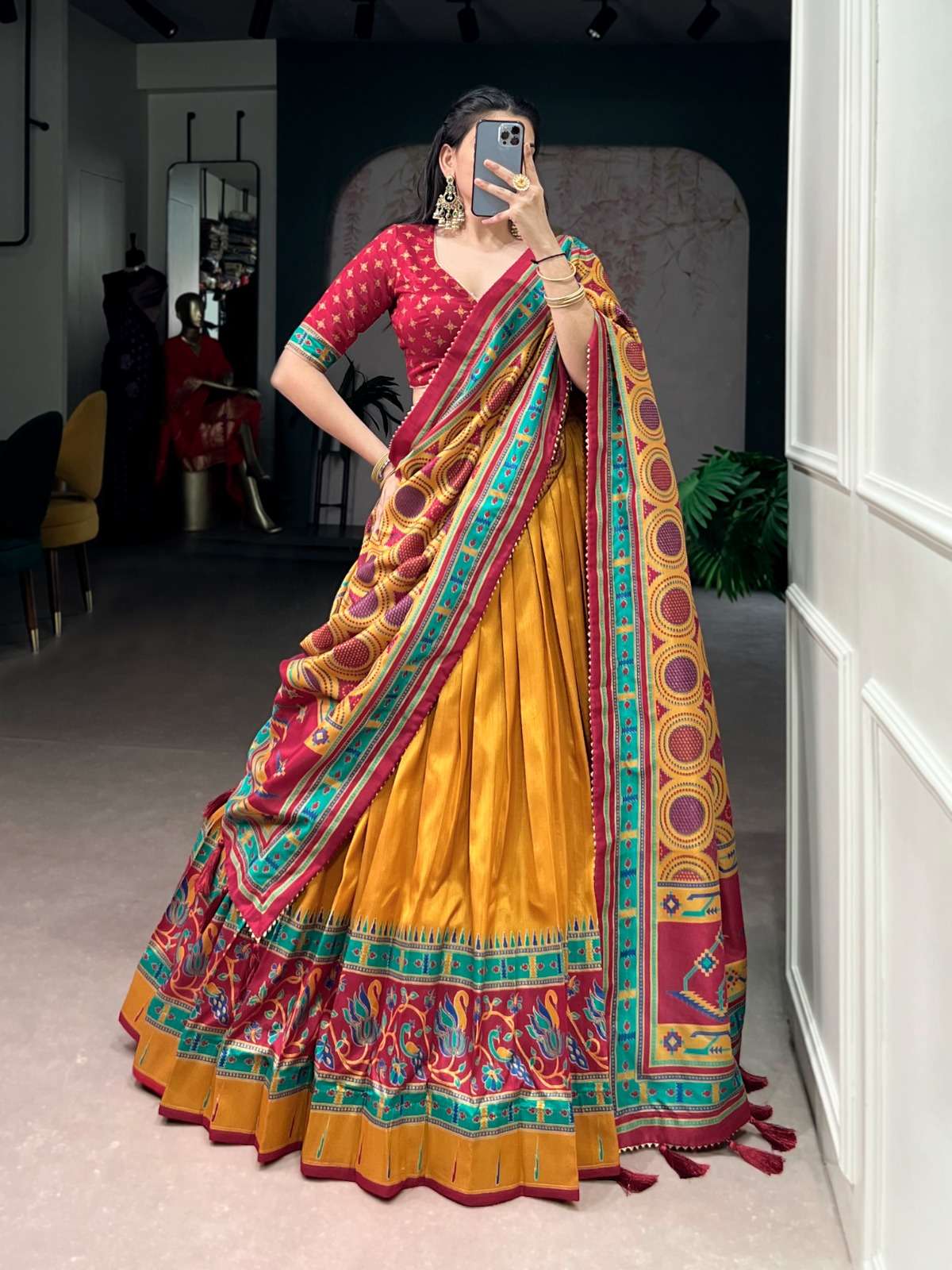 MOST TREANDING LEHENGA TASAR SILK PRINTED WITH ICONIC SPARKLE